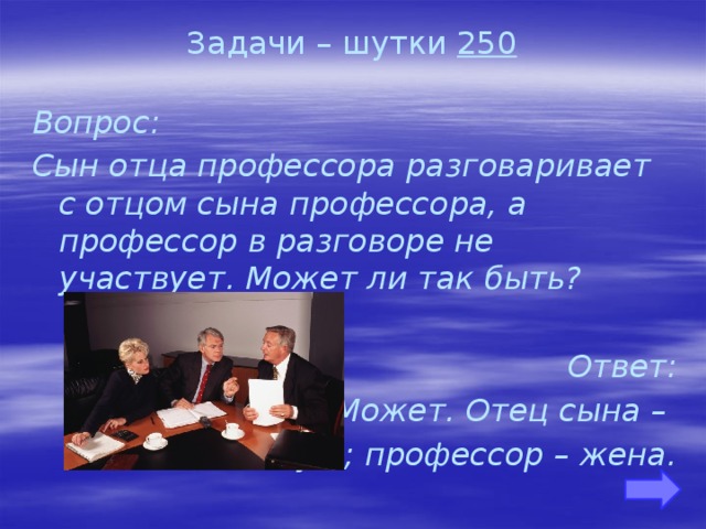 Задачи – шутки 250 Вопрос: Сын отца профессора разговаривает с отцом сына профессора, а профессор в разговоре не участвует. Может ли так быть?  Ответ: Может. Отец сына – это муж; профессор – жена.   