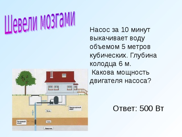 Насос за 10 минут выкачивает воду объемом 5 метров кубических. Глубина колодца 6 м.  Какова мощность двигателя насоса?   Ответ: 500 Вт 