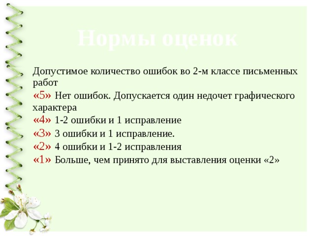 Нормы оценок   Допустимое количество ошибок во 2-м классе письменных работ  «5»  Нет ошибок. Допускается один недочет графического характера  «4»  1-2 ошибки и 1 исправление  «3»  3 ошибки и 1 исправление.  «2» 4 ошибки и 1-2 исправления  «1»  Больше, чем принято для выставления оценки «2»   