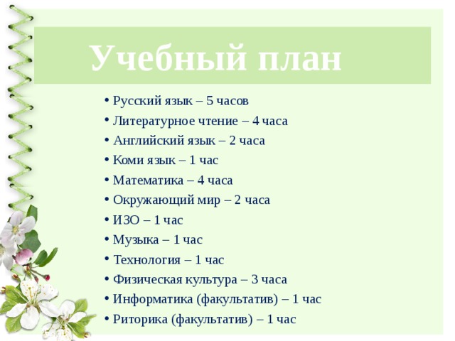 Учебный план Русский язык – 5 часов Литературное чтение – 4 часа Английский язык – 2 часа Коми язык – 1 час Математика – 4 часа Окружающий мир – 2 часа ИЗО – 1 час Музыка – 1 час Технология – 1 час Физическая культура – 3 часа Информатика (факультатив) – 1 час Риторика (факультатив) – 1 час 