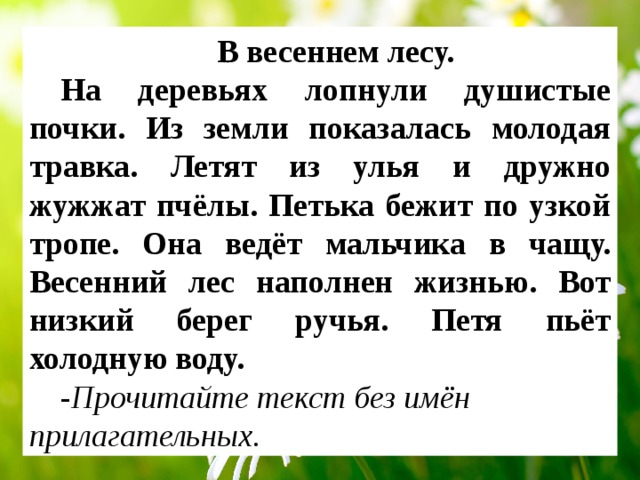 В весеннем лесу. На деревьях лопнули душистые почки. Из земли показалась молодая травка. Летят из улья и дружно жужжат пчёлы. Петька бежит по узкой тропе. Она ведёт мальчика в чащу. Весенний лес наполнен жизнью. Вот низкий берег ручья. Петя пьёт холодную воду. - Прочитайте текст без имён прилагательных.  