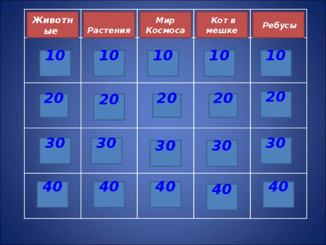                                     Животные  Кот в мешке Мир Космоса  Растения  Ребусы 10  10  10  10  10  20  20  20  20  20  30  30  30  30  30  40  40  40  40  40  