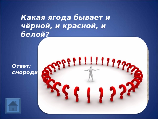 Какая ягода бывает и чёрной, и красной, и белой? Ответ: смородина 