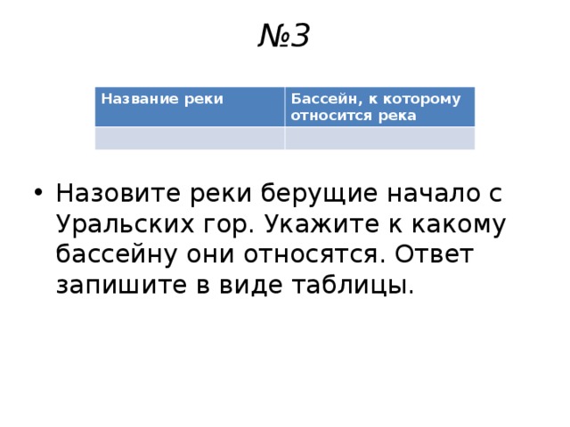№ 3   Название реки Бассейн, к которому относится река Назовите реки берущие начало с Уральских гор. Укажите к какому бассейну они относятся. Ответ запишите в виде таблицы. 