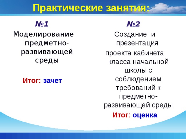 Практические занятия: № 2 № 1 Создание и презентация Моделирование предметно-развивающей среды проекта кабинета класса начальной школы с соблюдением требований к предметно-развивающей среды Итог : оценка Итог: зачет 