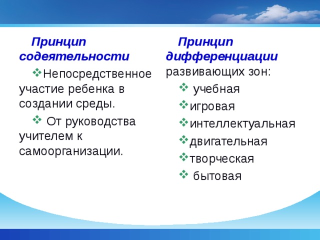 Принцип содеятельности Принцип дифференциации развивающих зон: Непосредственное участие ребенка в создании среды.  От руководства учителем к самоорганизации.  учебная игровая интеллектуальная двигательная творческая  бытовая 