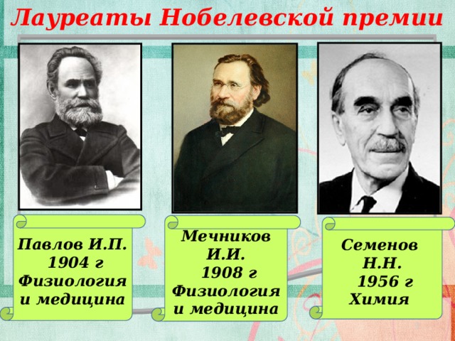Лауреаты Нобелевской премии Павлов И.П.  1904 г Физиология и медицина Мечников И.И.  1908 г Физиология и медицина Семенов Н.Н.  1956 г Химия