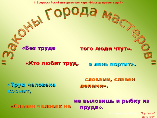 II Всероссийский интернет-конкурс «Мастер презентаций»    того люди чтут».    а лень портит».   словами, славен делами».   не выловишь и рыбку из пруда ».   «Без труда      «Кто любит труд,    «Труд человека кормит,  «Славен человек не   http://www.o-detstve.ru  Портал «О детстве»  