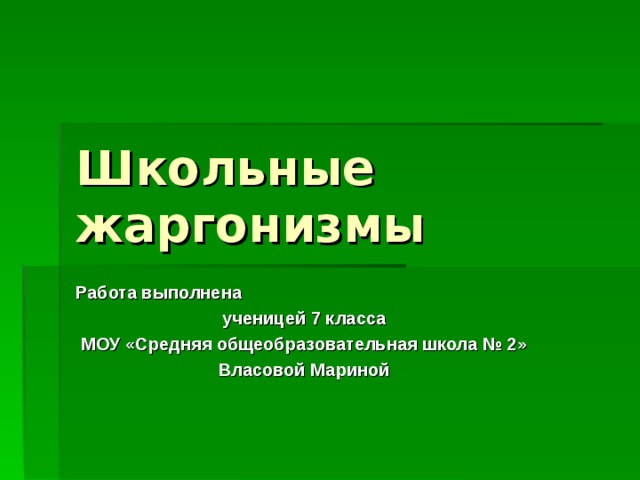 Школьные жаргонизмы Работа выполнена ученицей 7 класса МОУ «Средняя общеобразовательная школа № 2» Власовой Мариной 