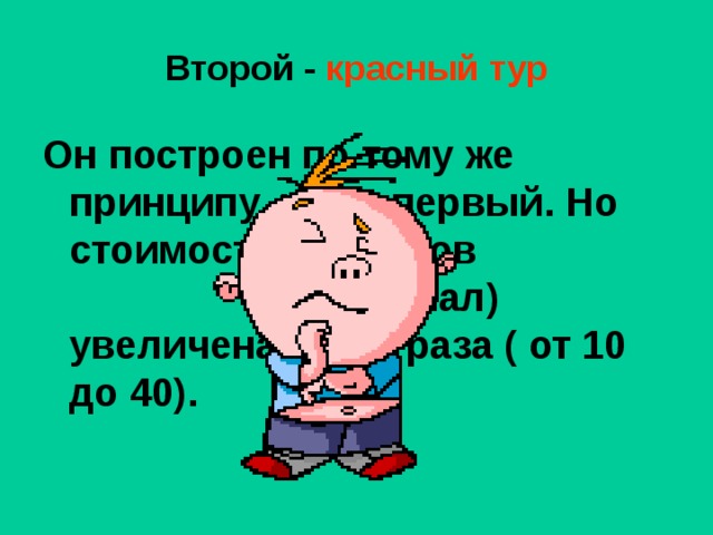 Второй -  красный тур Он построен по тому же принципу, что и первый. Но стоимость вопросов ( номинал) увеличена в два раза ( от 10 до 40).  