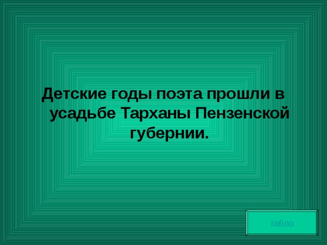  Детские годы поэта прошли в усадьбе Тарханы Пензенской губернии. табло 