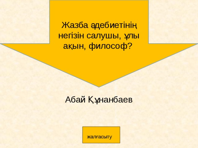 Жазба әдебиетінің негізін салушы, ұлы ақын, философ? Абай Құнанбаев       жалғасыту 