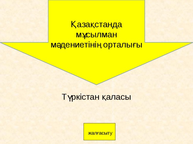 Қазақстанда мұсылман мәдениетінің орталығы Түркістан қаласы       жалғасыту 