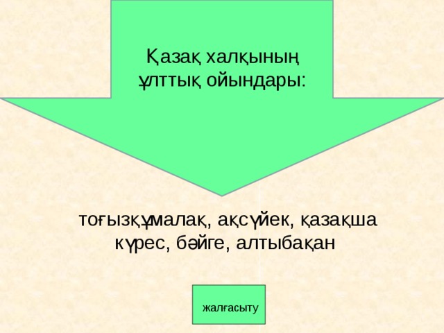 Қазақ халқының ұлттық ойындары: тоғызқұмалақ, ақсүйек, қазақша күрес, бәйге, алтыбақан   жалғасыту 