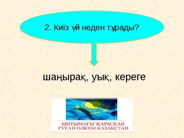 2 . Киіз үй неден тұрады? шаңырақ, уық, кереге    
