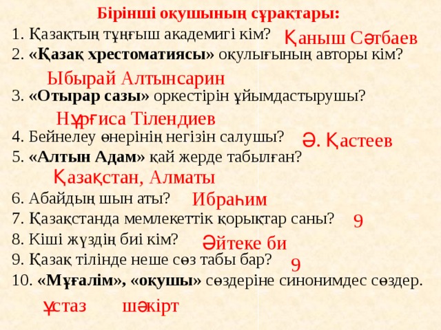 Бірінші оқушының сұрақтары: 1. Қазақтың тұңғыш академигі кім? 2. «Қазақ хрестоматиясы»  оқулығының авторы кім? 3. «Отырар сазы» оркестірін ұйымдастырушы? 4. Бейнелеу өнерінің негізін салушы?   5. «Алтын Адам» қай жерде табылған? 6. Абайдың шын аты? 7. Қазақстанда мемлекеттік қорықтар саны? 8. Кіші жүздің биі кім? 9. Қазақ тілінде неше сөз табы бар? 10. «Мұғалім», «оқушы» сөздеріне синонимдес сөздер. Қаныш Сәтбаев Ыбырай Алтынсарин Нұрғиса Тілендиев Ә. Қастеев Қазақстан, Алматы Ибраһим 9 Әйтеке би 9 ұстаз шәкірт 