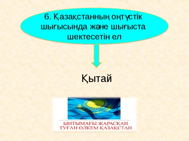 6 . Қазақстанның оңтүстік шығысында және шығыста шектесетін ел Қытай      