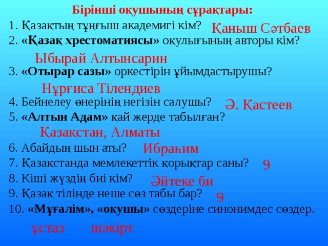 Бірінші оқушының сұрақтары: 1. Қазақтың тұңғыш академигі кім? 2. «Қазақ хрестоматиясы»  оқулығының авторы кім? 3. «Отырар сазы» оркестірін ұйымдастырушы? 4. Бейнелеу өнерінің негізін салушы?   5. «Алтын Адам» қай жерде табылған ? 6. Абайдың шын аты? 7. Қазақстанда мемлекеттік қорықтар саны ? 8. Кіші жүздің биі кім? 9. Қазақ тілінде неше сөз табы бар? 10. «Мұғалім», «оқушы» сөздеріне синонимдес сөздер. Қаныш Сәтбаев Ыбырай Алтынсарин Нұрғиса Тілендиев Ә. Қастеев Қазақстан, Алматы Ибраһим 9 Әйтеке би 9 ұстаз шәкірт 