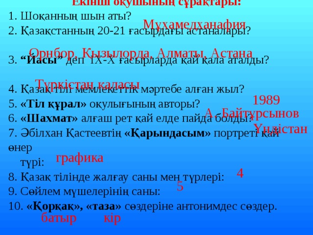 Екінші оқушының сұрақтары: 1. Шоқанның шын аты? 2. Қазақстанның 20-21 ғасырдағы астаналары? 3. “Йасы” деп ІХ-Х ғасырларда қай қала аталды? 4. Қазақ тілі мемлекеттік мәртебе алған жыл? 5. «Тіл құрал» оқулығының авторы? 6. «Шахмат» алғаш рет қай елде пайда болды? 7. Әбілхан Қастеевтің «Қарындасым» портреті қай өнер  түрі: 8. Қазақ тілінде жалғау саны мен түрлері: 9. Сөйлем мүшелерінің саны: 10. «Қорқақ», «таза» сөздеріне антонимдес сөздер. Мұхамедханафия Орнбор, Қызылорда, Алматы, Астана Түркістан қаласы 1989 А. Байтұрсынов Үндістан графика 4 5 батыр кір 