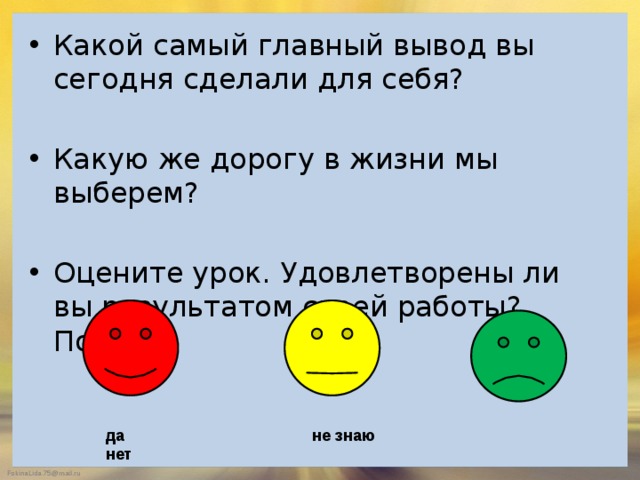 Какой самый главный вывод вы сегодня сделали для себя? Какую же дорогу в жизни мы выберем? Оцените урок. Удовлетворены ли вы результатом своей работы? Почему? да не знаю нет 