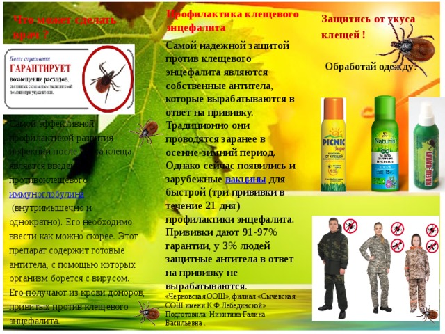 Профилактика клещевого энцефалита   Что может сделать врач ? Защитись от укуса клещей !     Самой надежной защитой против клещевого энцефалита являются собственные антитела, которые вырабатываются в ответ на прививку. Традиционно они проводятся заранее в осенне-зимний период. Однако сейчас появились и зарубежные  вакцины  для быстрой (три прививки в течение 21 дня) профилактики энцефалита. Прививки дают 91-97% гарантии, у 3% людей защитные антитела в ответ на прививку не вырабатываются. «Черновская ООШ», филиал «Сычёвская СОШ имени К.Ф.Лебединской» Подготовила: Никитина Галина Васильевна . Обработай одежду! Самой эффективной профилактикой развития инфекции после укуса клеща является введение противоклещевого  иммуноглобулина  (внутримышечно и однократно). Его необходимо ввести как можно скорее. Этот препарат содержит готовые антитела, с помощью которых организм борется с вирусом. Его получают из крови доноров, привитых против клещевого энцефалита.   
