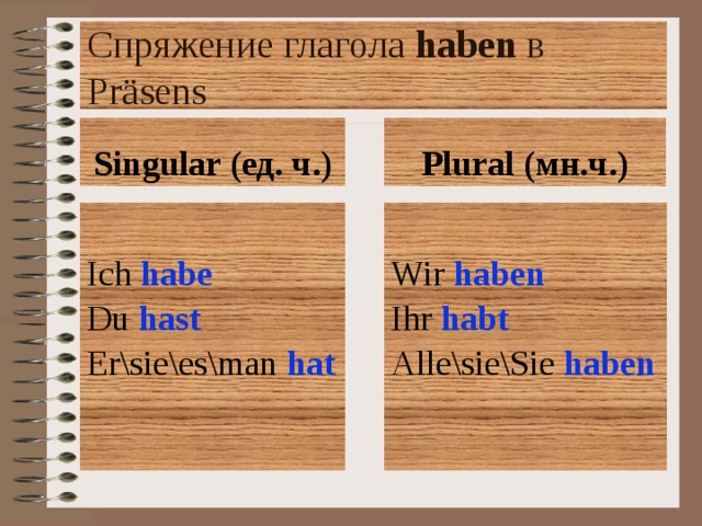 Спряжение глагола haben в Pr äsens Singular (ед. ч.) Plural (мн.ч.) Ich habe Wir haben Du hast Ihr habt Er\sie\es\man hat Alle\sie\Sie haben 