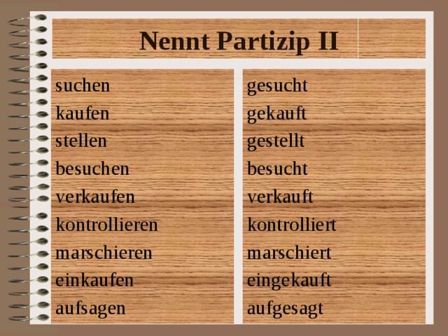 Nennt Partizip II gesucht suchen kaufen gekauft stellen gestellt besuchen besucht verkaufen verkauft kontrolliert kontrollieren marschieren marschiert eingekauft einkaufen aufgesagt aufsagen 