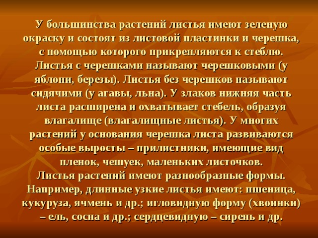 У большинства растений листья имеют зеленую окраску и состоят из листовой пластинки и черешка, с помощью которого прикрепляются к стеблю. Листья с черешками называют черешковыми (у яблони, березы). Листья без черешков называют сидячими (у агавы, льна). У злаков нижняя часть листа расширена и охватывает стебель, образуя влагалище (влагалищные листья). У многих растений у основания черешка листа развиваются особые выросты – прилистники, имеющие вид пленок, чешуек, маленьких листочков.  Листья растений имеют разнообразные формы. Например, длинные узкие листья имеют: пшеница, кукуруза, ячмень и др.; игловидную форму (хвоинки) – ель, сосна и др.; сердцевидную – сирень и др. 