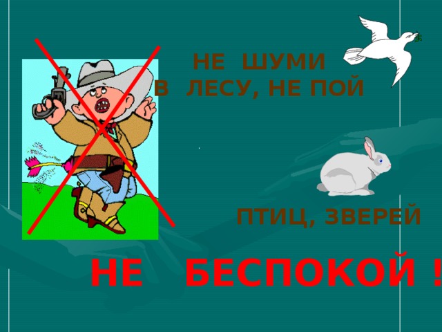 НЕ ШУМИ В ЛЕСУ, НЕ ПОЙ ПТИЦ, ЗВЕРЕЙ  НЕ БЕСПОКОЙ ! 