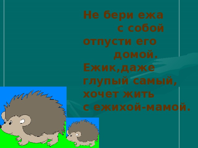 Не бери ежа  с собой отпусти его  домой. Ежик,даже глупый самый, хочет жить с ежихой-мамой. 