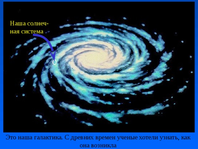 Наша  солнеч- ная  система . Это наша галактика. С древних времен ученые хотели узнать, как она возникла 