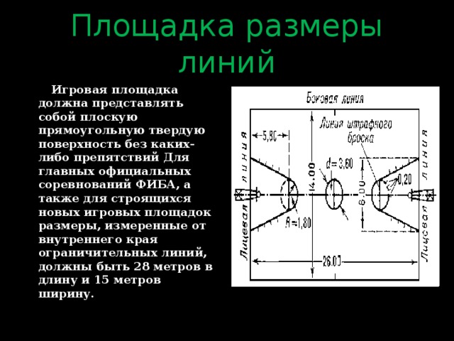Площадка размеры линий  Игровая площадка должна представлять собой плоскую прямоугольную твердую поверхность без каких-либо препятствий Для главных официальных соревнований ФИБА, а также для строящихся новых игровых площадок размеры, измеренные от внутреннего края ограничительных линий, должны быть 28 метров в длину и 15 метров ширину. 