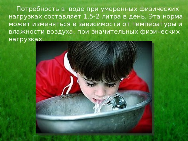  Потребность в воде при умеренных физических нагрузках составляет 1,5-2 литра в день. Эта норма может изменяться в зависимости от температуры и влажности воздуха, при значительных физических нагрузках. 