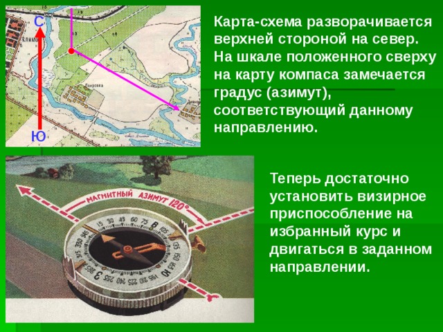 Карта-схема разворачивается верхней стороной на север. На шкале положенного сверху на карту компаса замечается градус (азимут), соответствующий данному направлению. С Ю Теперь достаточно установить визирное приспособление на избранный курс и двигаться в заданном направлении. 
