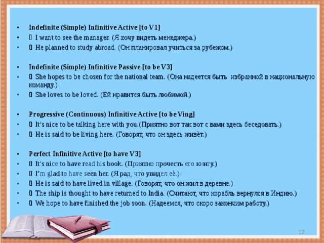 Indefinite (Simple) Infinitive Active [to V1]  I want to see the manager. ( Я хочу видеть менеджера.)  He planned to study abroad. ( Он планировал учиться за рубежом.) Indefinite (Simple) Infinitive Passive [to be V3]  She hopes to be chosen for the national team. ( Она надеется быть  избранной в национальную  команду.)  She loves to be loved. ( Ей нравится быть любимой.)  Progressive (Continuous) Infinitive Active [to be Ving]  It’s nice to be talking here with you.( Приятно вот так вот с вами здесь беседовать.)  He is said to be living here. ( Говорят, что он здесь живѐт.)  Perfect Infinitive Active [to have V3]  It’s nice to have read his book. ( Приятно прочесть его книгу.)  I’m glad to have seen her. ( Я рад, что увидел еѐ.)  He is said to have lived in village. ( Говорят, что он жил в деревне.)  The ship is thought to have returned to India. ( Считают, что корабль вернулся в Индию.)  We hope to have finished the job soon. ( Надеемся, что скоро закончим работу.)  
