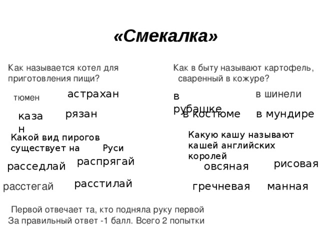 «Смекалка» Как в быту называют картофель, сваренный в кожуре? Как называется котел для приготовления пищи? астрахан в шинели в рубашке тюмен рязан  в мундире в костюме казан Какую кашу называют кашей английских королей Какой вид пирогов существует на Руси распрягай рисовая расседлай овсяная расстилай гречневая манная расстегай  Первой отвечает та, кто подняла руку первой За правильный ответ -1 балл. Всего 2 попытки 