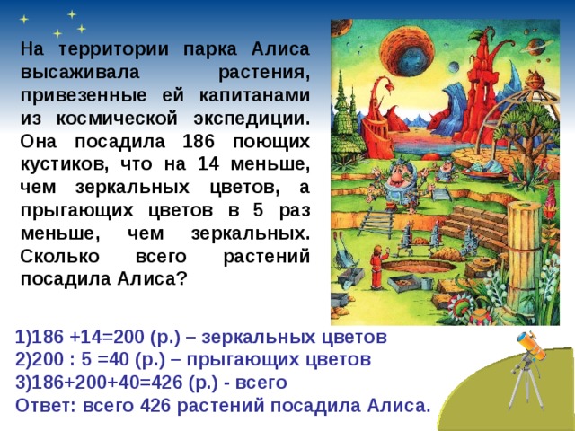 На территории парка Алиса высаживала растения, привезенные ей капитанами из космической экспедиции. Она посадила 186 поющих кустиков, что на 14 меньше, чем зеркальных цветов, а прыгающих цветов в 5 раз меньше, чем зеркальных. Сколько всего растений посадила Алиса? 1)186 +14=200 (р.) – зеркальных цветов 2)200 : 5 =40 (р.) – прыгающих цветов 3)186+200+40=426 (р.) - всего  Ответ: всего 426 растений посадила Алиса.