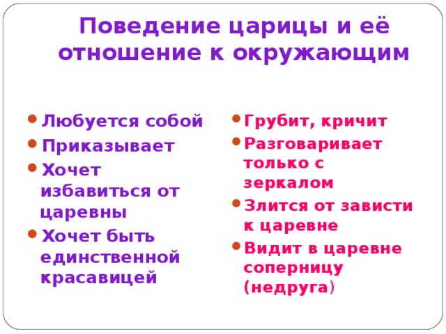  Поведение царицы и её отношение к окружающим Любуется собой Приказывает Хочет избавиться от царевны Хочет быть единственной красавицей  Грубит, кричит Разговаривает только с зеркалом Злится от зависти к царевне Видит в царевне соперницу (недруга ) 