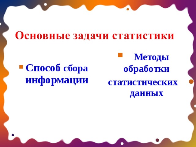   Способ сбора информации   Методы обработки статистических данных 