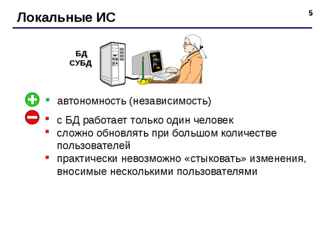 Локальные ИС автономность (независимость) с БД работает только один человек сложно обновлять при большом количестве пользователей практически невозможно «стыковать» изменения, вносимые несколькими пользователями 5 