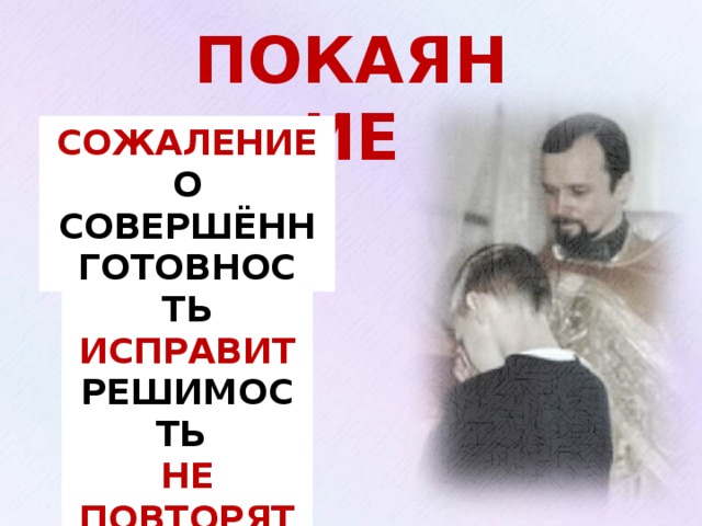ПОКАЯНИЕ СОЖАЛЕНИЕ О СОВЕРШЁННОМ ГОТОВНОСТЬ ИСПРАВИТЬ Изображение с сайта: http://www.domnus.org/img/cont/5_120.jpg РЕШИМОСТЬ НЕ ПОВТОРЯТЬ