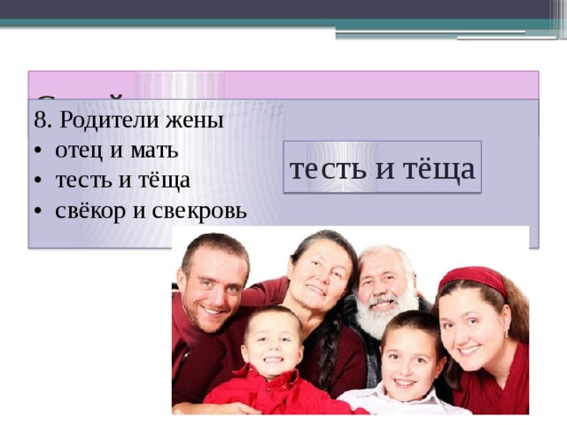 Семейная викторина 8. Родители жены • отец и мать • тесть и тёща • свёкор и свекровь тесть и тёща