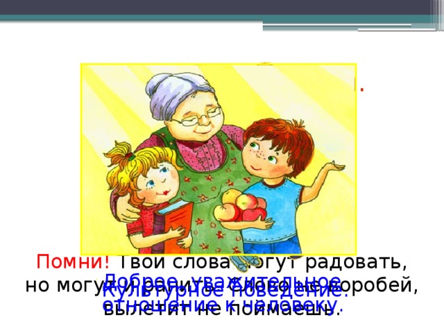 Культура общения. Вежливая речь. Помни! Твои слова могут радовать, но могут и ранить. Слово не воробей, вылетит не поймаешь. Доброе, уважительное отношение к человеку. Культурное поведение.