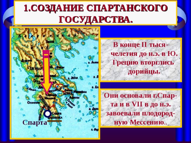 1.СОЗДАНИЕ СПАРТАНСКОГО ГОСУДАРСТВА. В конце II тыся-челетия до н.э. в Ю. Грецию вторглись дорийцы. Они основали г.Спар- та и в VII в до н.э. завоевали плодород-ную Мессению .. Спарта 