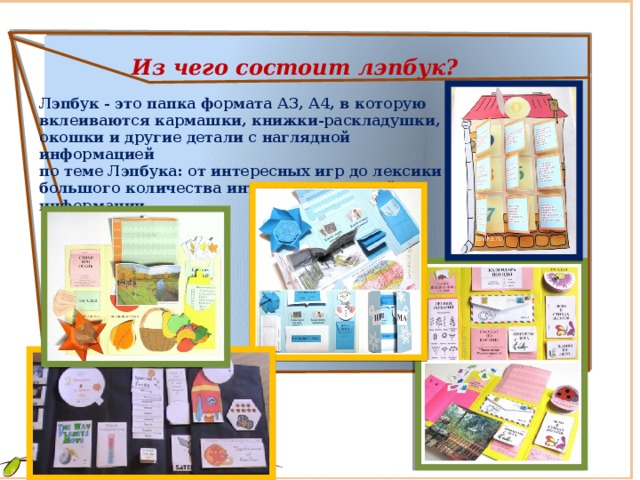  Из чего состоит лэпбук?  Лэпбук - это папка формата А3, А4, в которую вклеиваются кармашки, книжки-раскладушки, окошки и другие детали с наглядной информацией по теме Лэпбука: от интересных игр до лексики и большого количества интересно поданной информации   