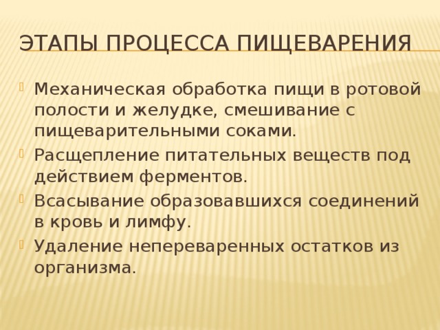 ЭТАПЫ ПРОЦЕССА ПИЩЕВАРЕНИЯ Механическая обработка пищи в ротовой полости и желудке, смешивание с пищеварительными соками. Расщепление питательных веществ под действием ферментов. Всасывание образовавшихся соединений в кровь и лимфу. Удаление непереваренных остатков из организма. 