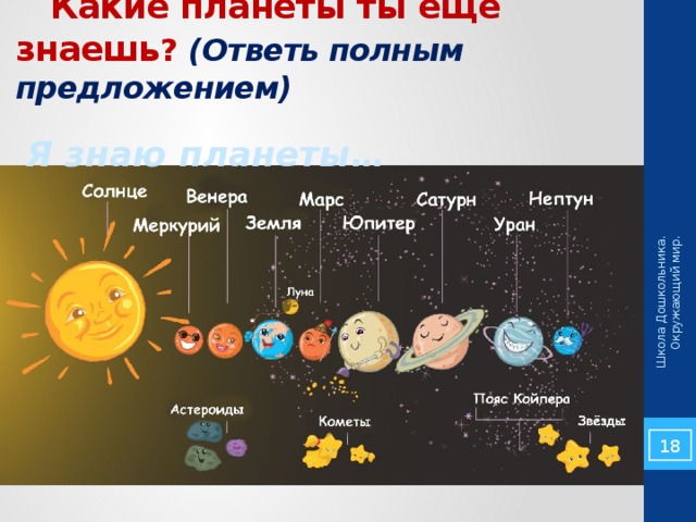 Школа Дошкольника. Окружающий мир.  Какие планеты ты ещё знаешь ? (Ответь полным предложением) Я знаю планеты… 5 