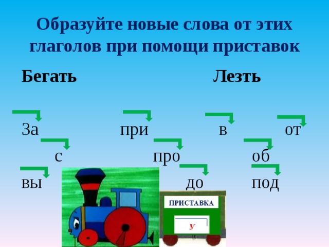 Образуйте новые слова от этих глаголов при помощи приставок Бегать Лезть За    при   в   от   с    про   об вы      до   под 