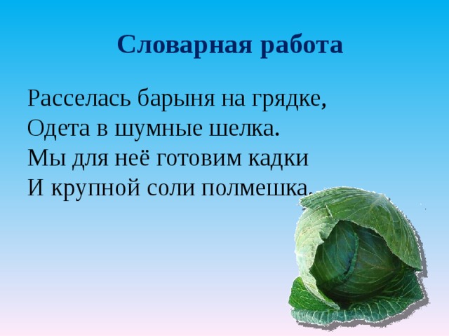 Словарная работа Расселась барыня на грядке, Одета в шумные шелка. Мы для неё готовим кадки И крупной соли полмешка. 