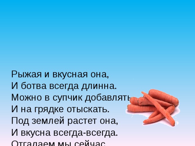     Рыжая и вкусная она,  И ботва всегда длинна.  Можно в супчик добавлять,  И на грядке отыскать.  Под землей растет она,  И вкусна всегда-всегда.  Отгадаем мы сейчас,  Что за овощ без прикрас!   